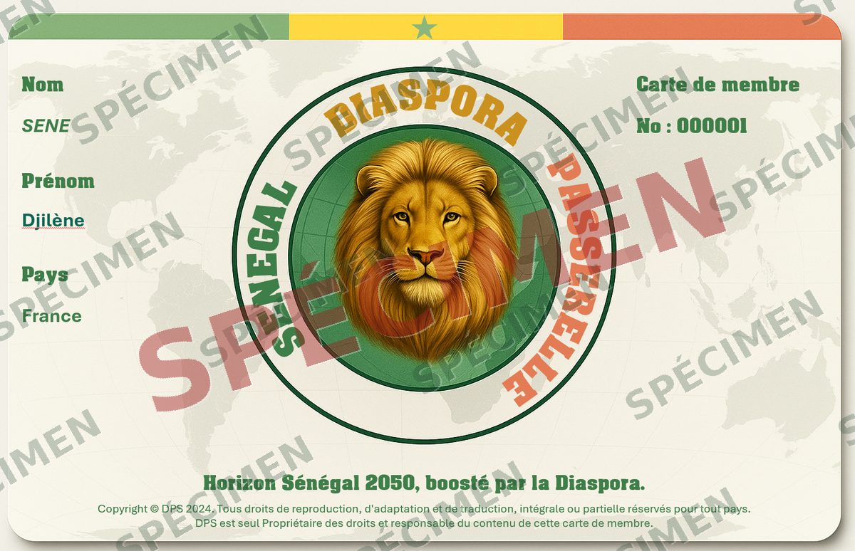 Spécimen de la carte de membre Diaspora Passerelle Sénégal (filigrane non contractuel)